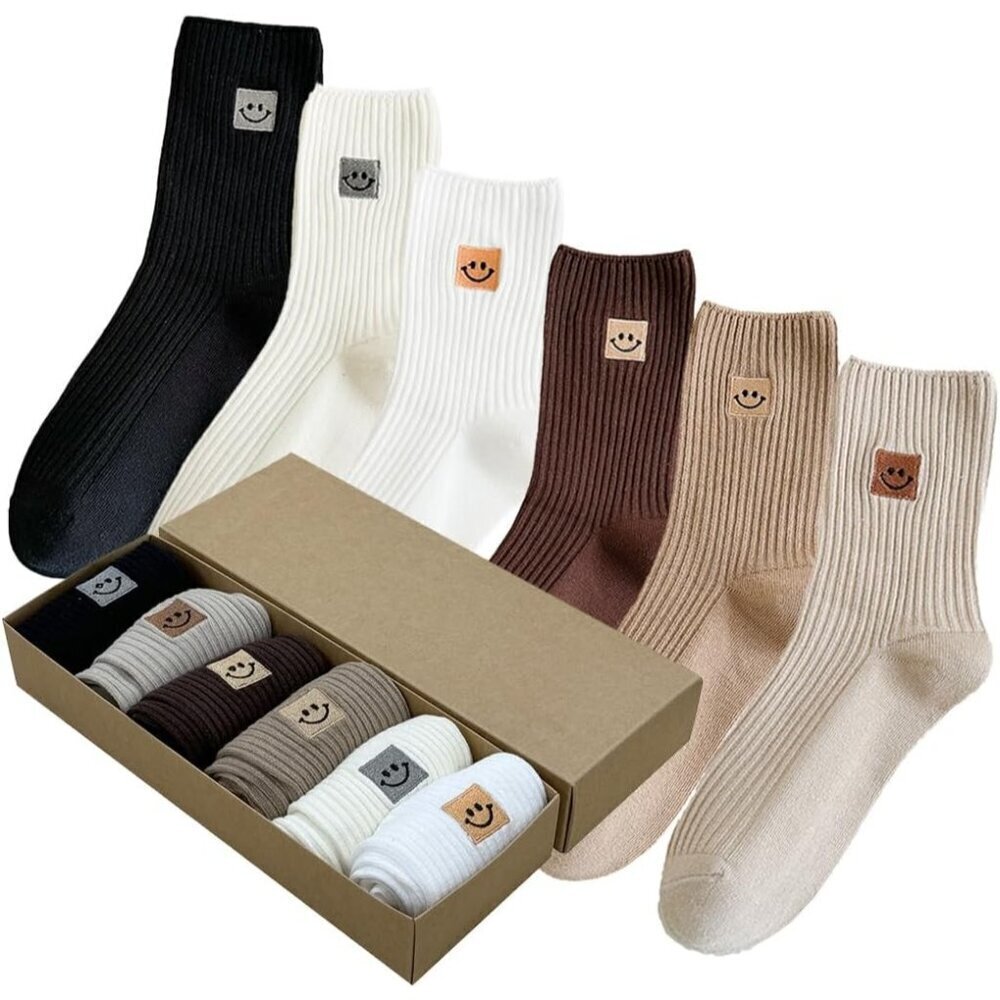 🆕 Women Brown Aesthetic Crew Socks Cute Smiling Face Embroidery Cotton Students